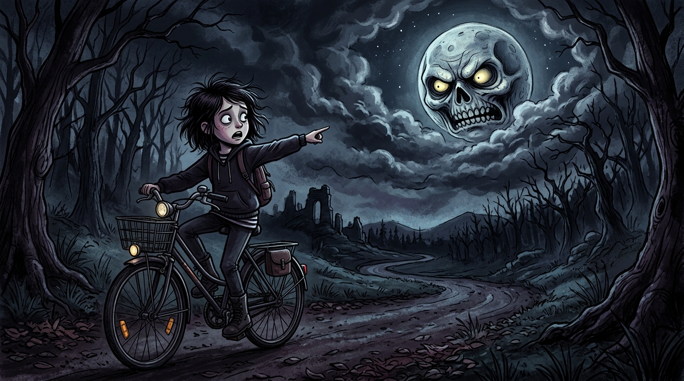 Bicycle Chase Under Skull Moon spooky halloween wallpaper