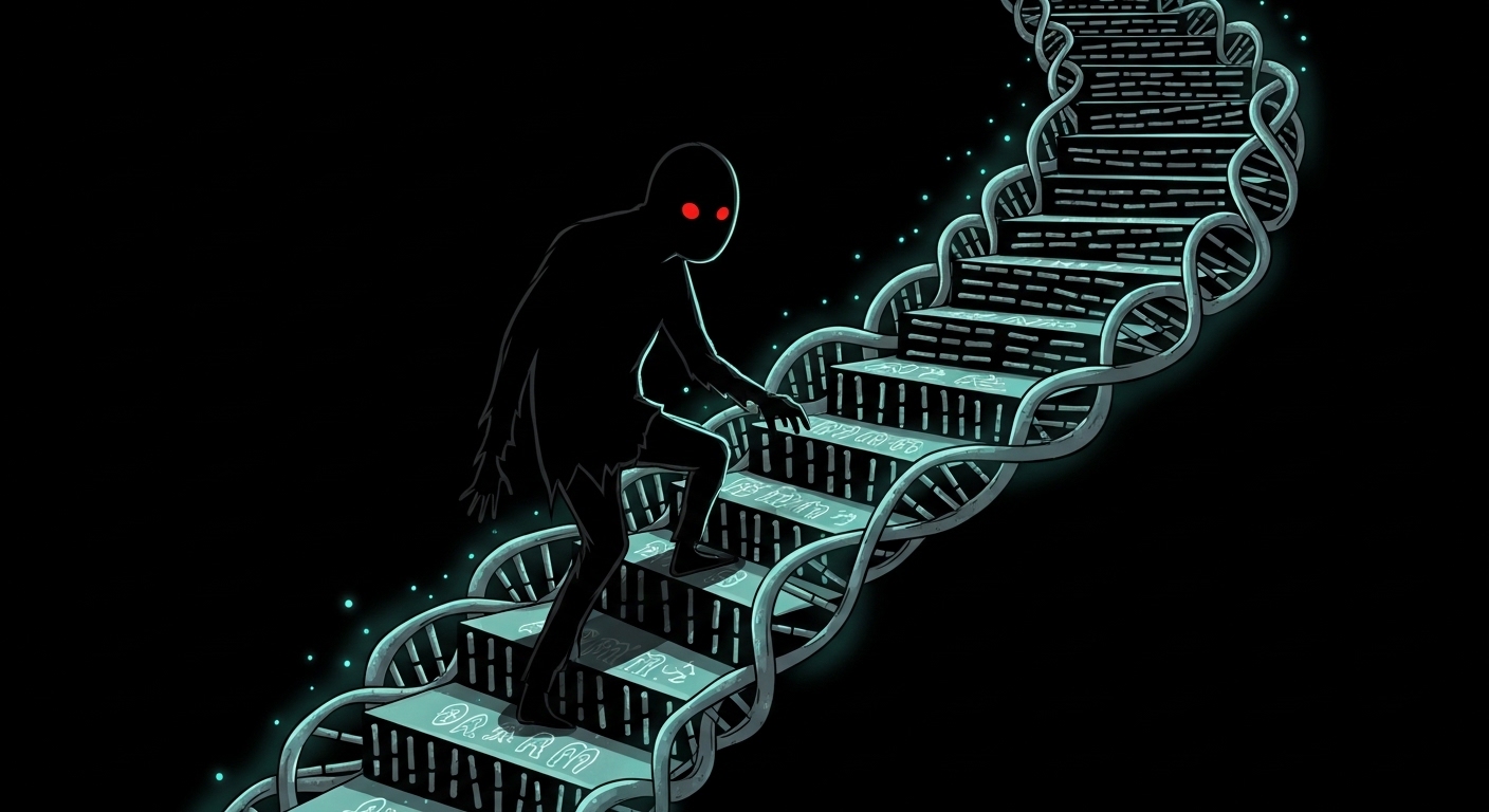 A dark phantom climbing a spiral staircase shaped like a DNA strand