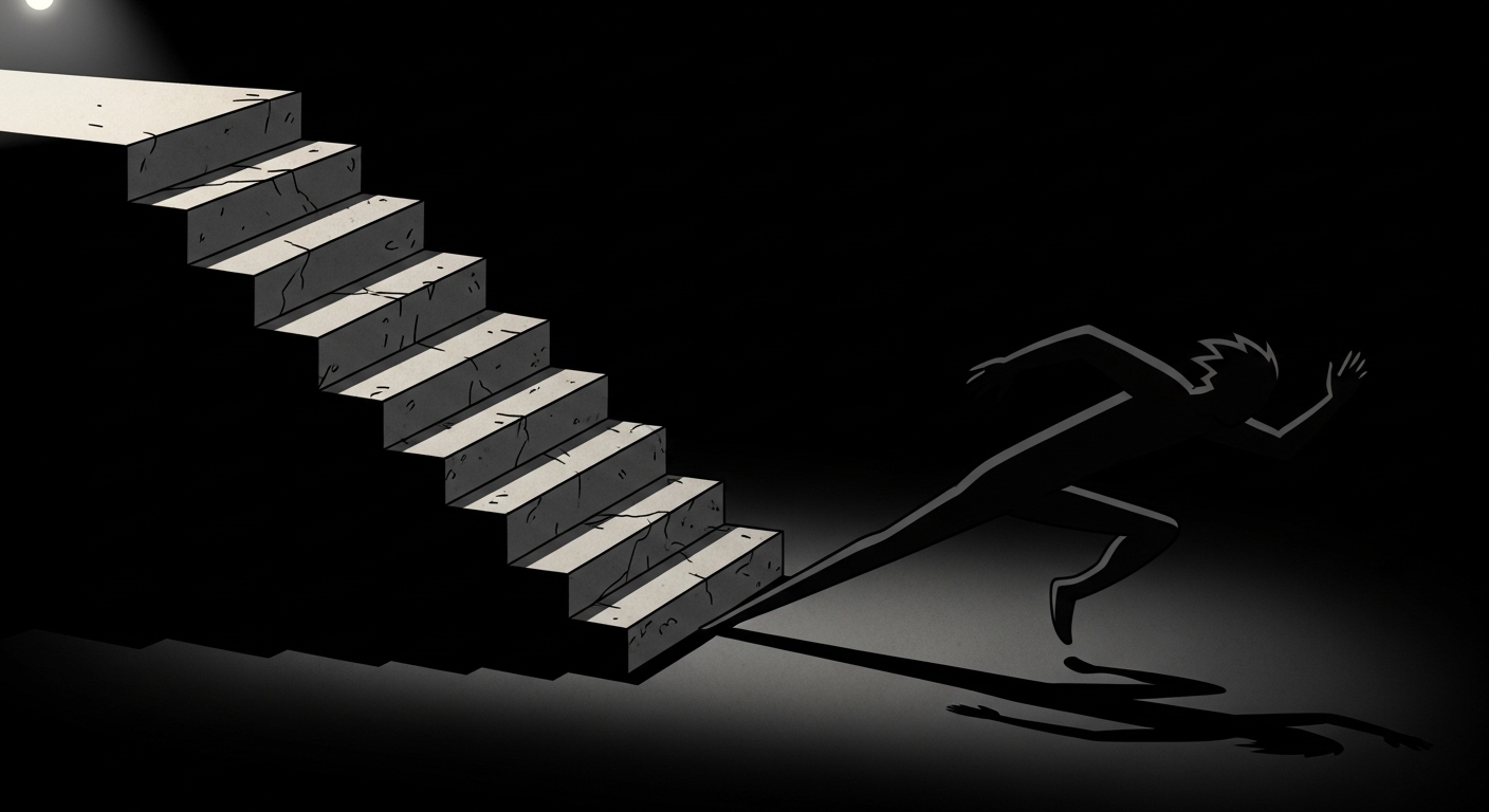 Silhouette of a person sprinting up dark stairs with their shadow stretching behind them