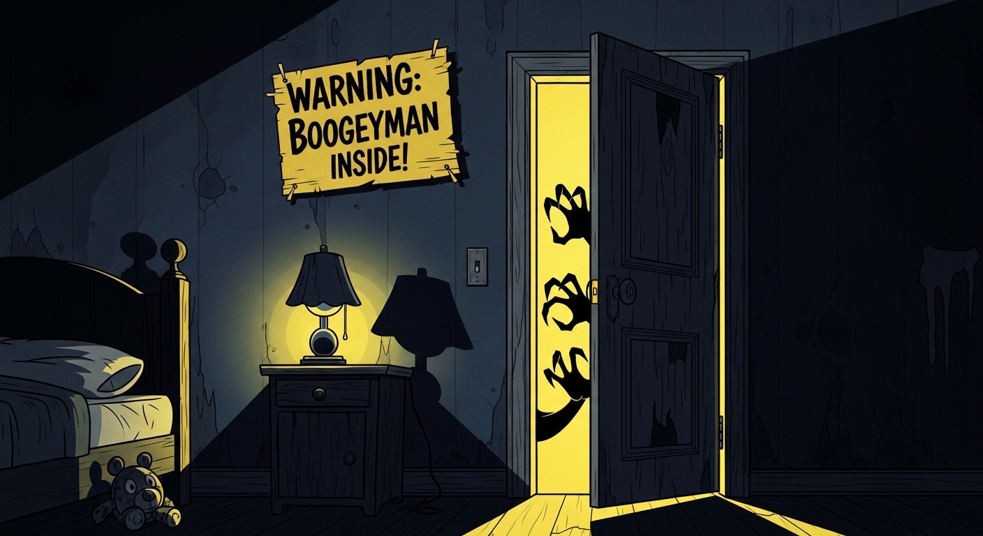 Boogeyman reaching from a glowing closet door in a bedroom