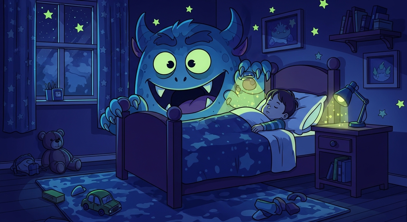 Giant blue monster watching over a sleeping child