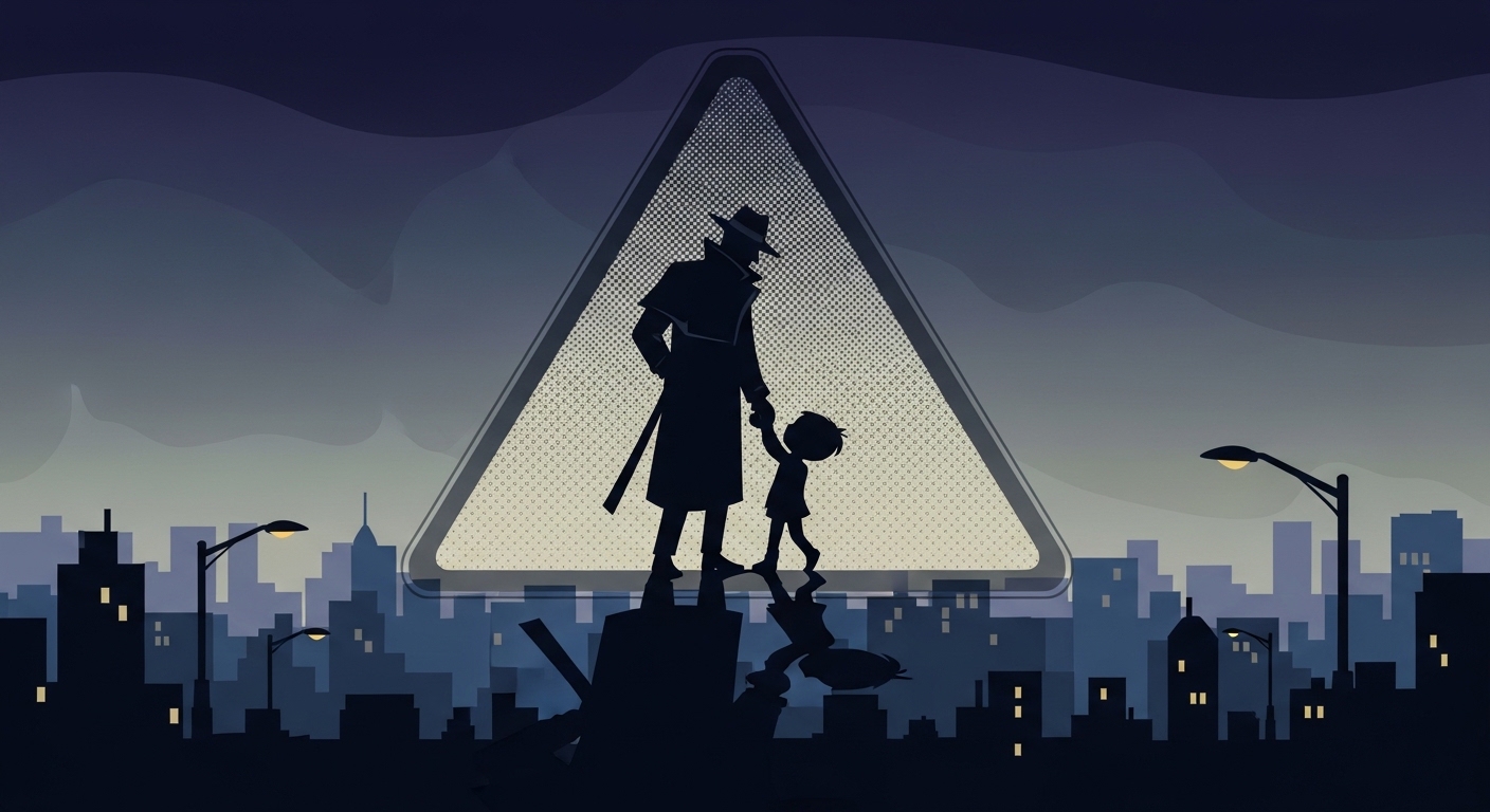 Noir silhouette of a man holding a child's hand in a city