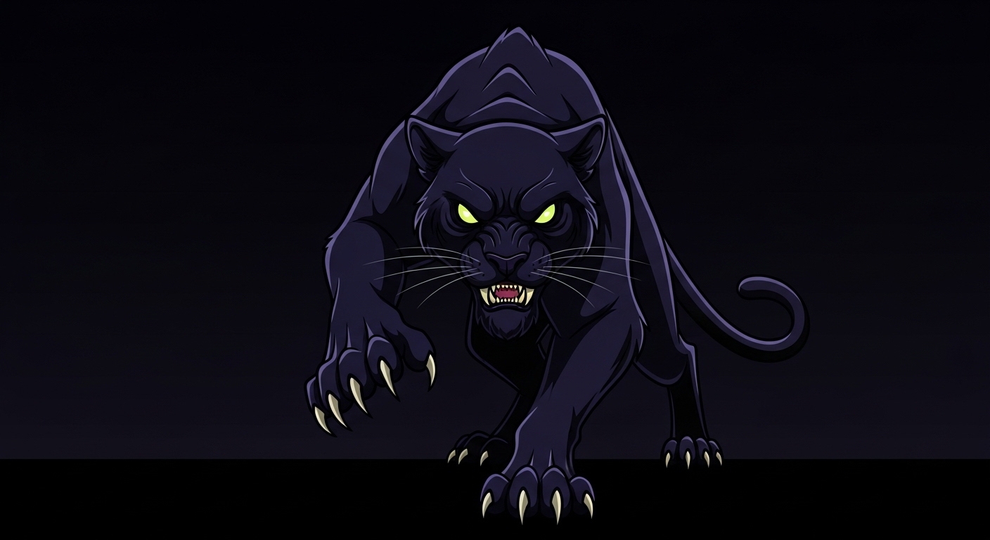 A dark purple and black panther with glowing yellow eyes in a prowling stance
