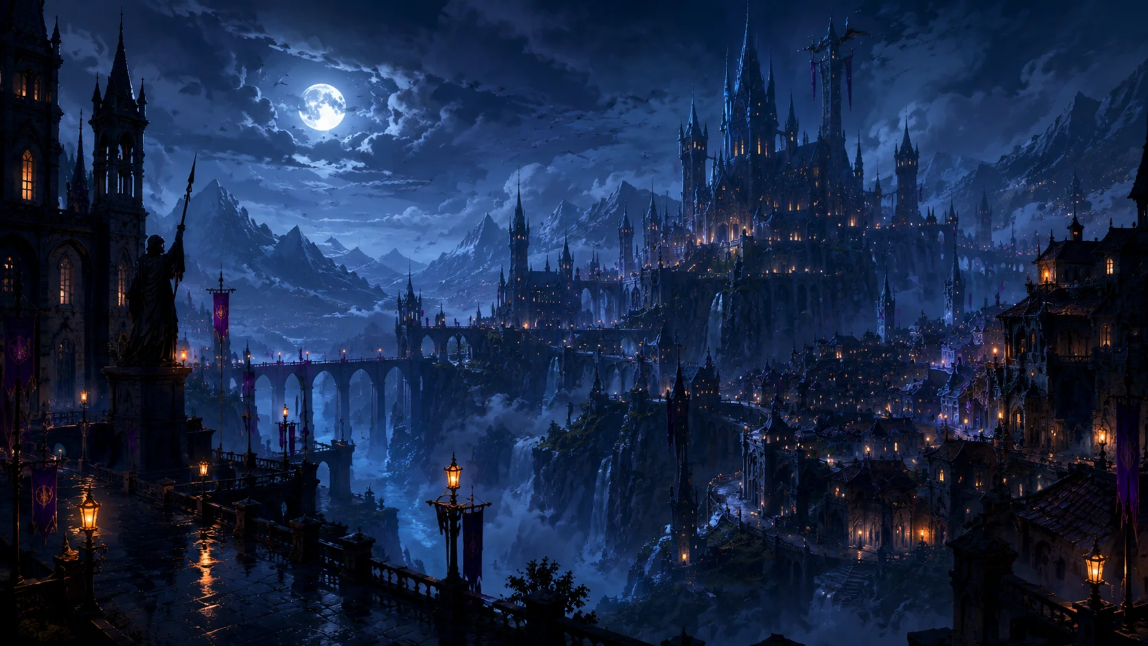 Moonlit dark fantasy kingdom landscape