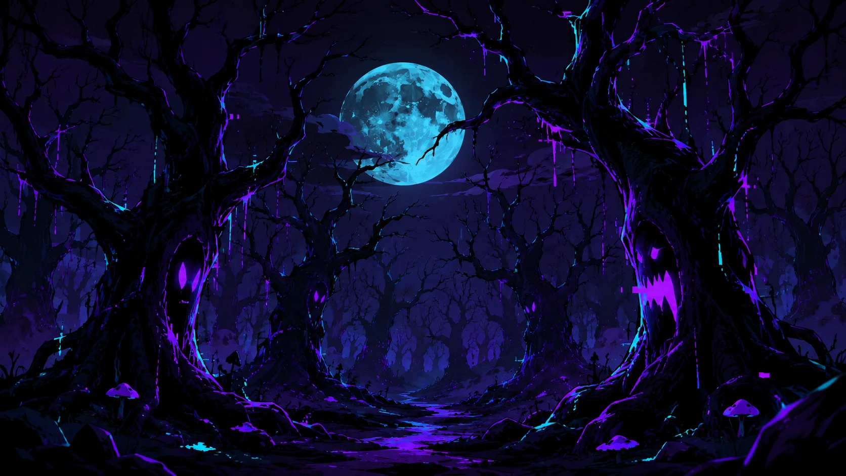 Neon haunted forest under blue moon