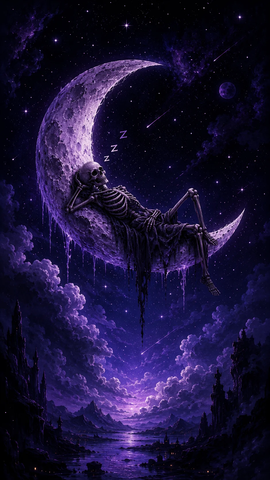 Skeleton sleeping on purple moon
