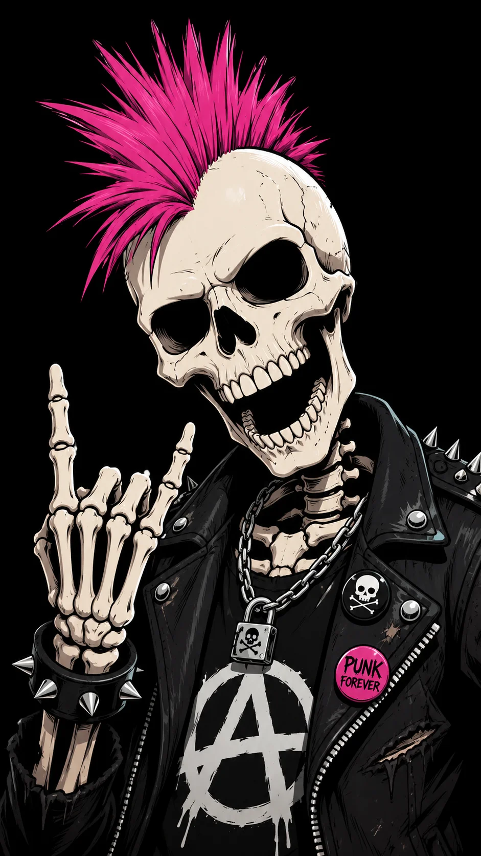 Anarchy punk rock skeleton with glowing pink mohawk and leather jacket streetwear art.