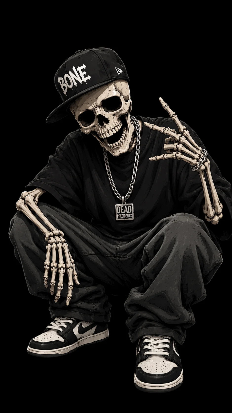 Bone Hustle hip-hop skeleton in baggy streetwear with Dead Presidents chain, 4K.