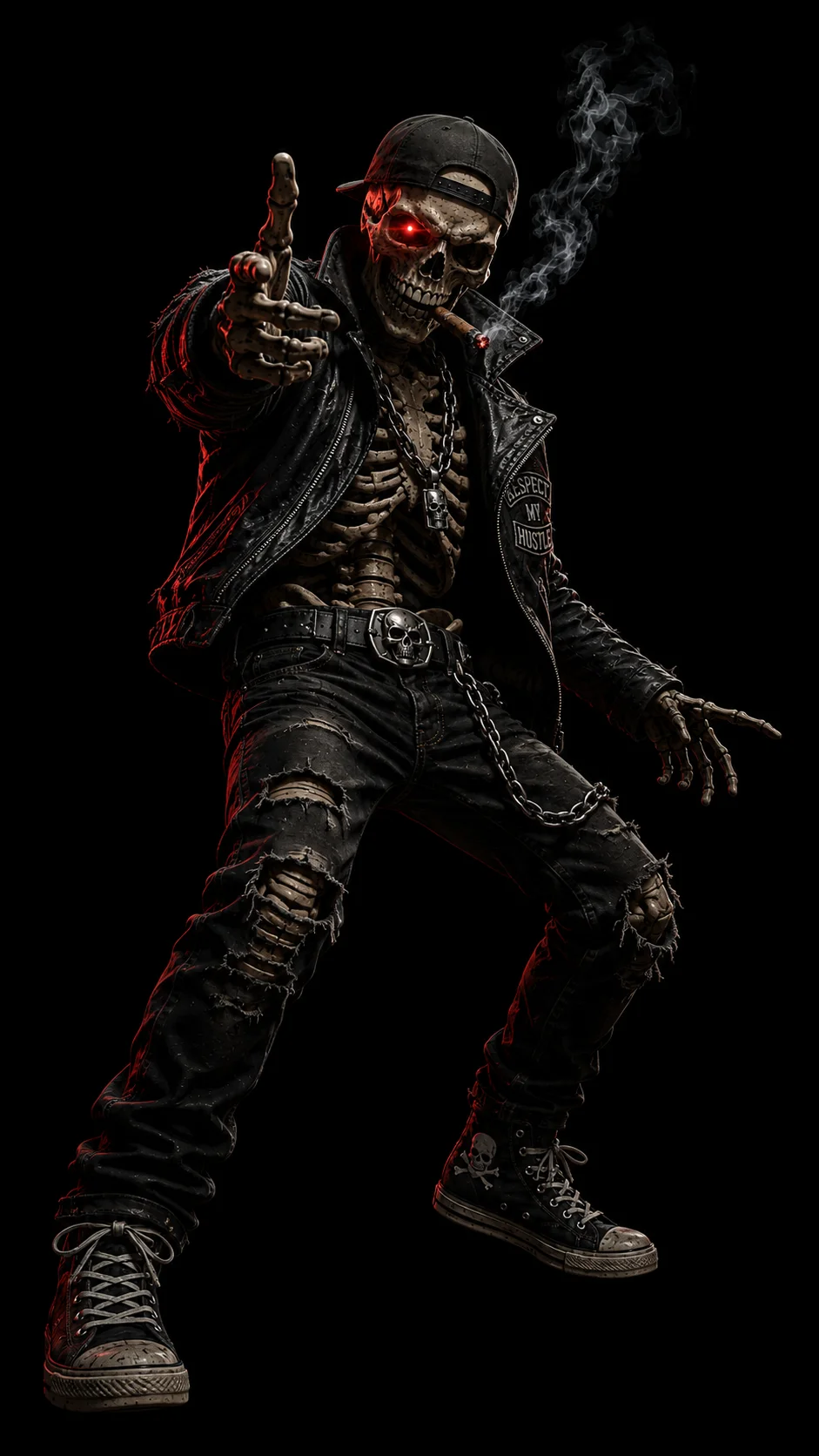 Dax the streetwear skeleton legend, viral smoking cigar vision, rejected but defiant 4K art.