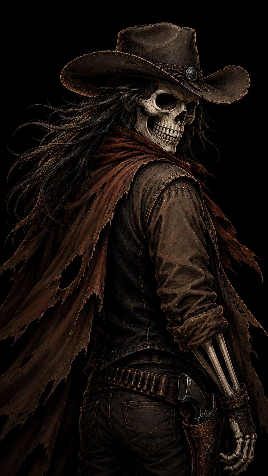 Deadwood Gunslinger skeleton cowboy with hat and revolvers, dark western OLED wallpaper.