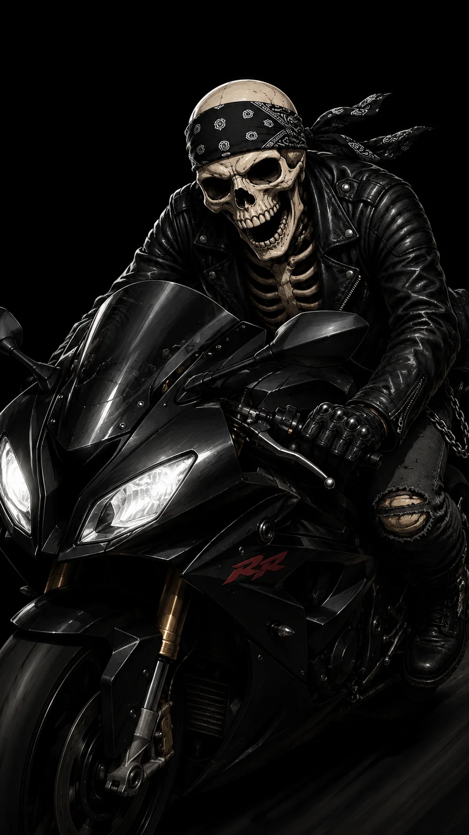 Hell Rider skeleton biker on a black sportbike, dark cinematic motorcycle wallpaper for OLED.