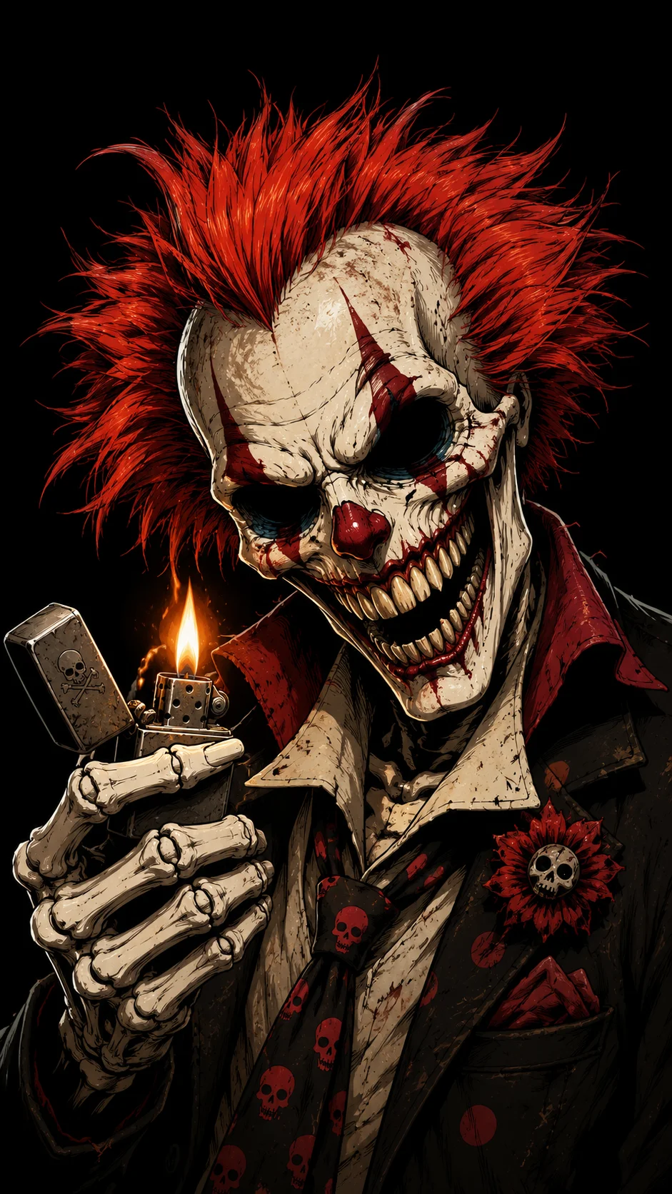 Terrifying psycho clown skeleton with red hair and lighter, high-detail 4K horror wallpaper.