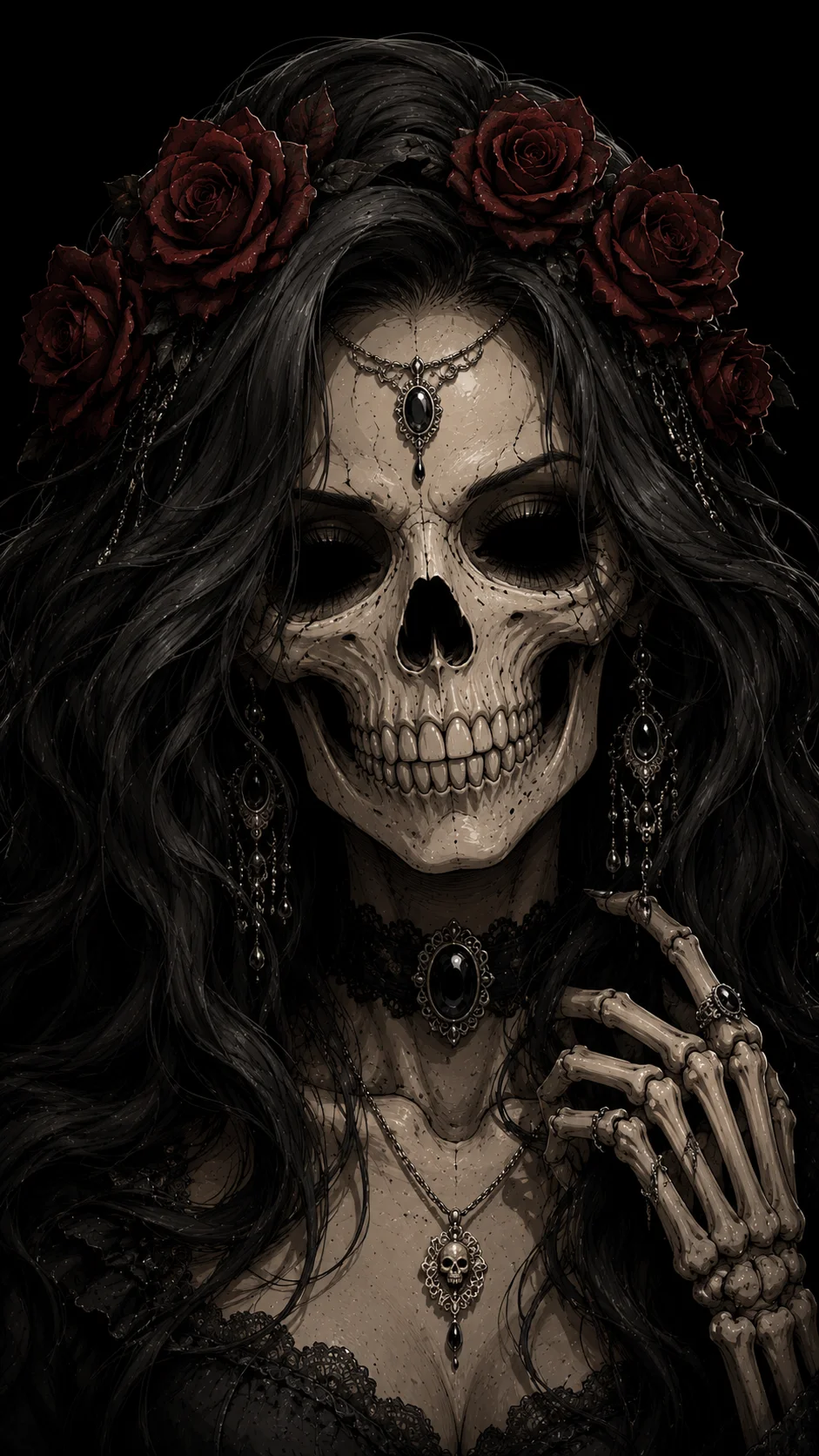 Spectral Rose Queen gothic skeleton bride with red roses and dark lace jewelry in 4K.