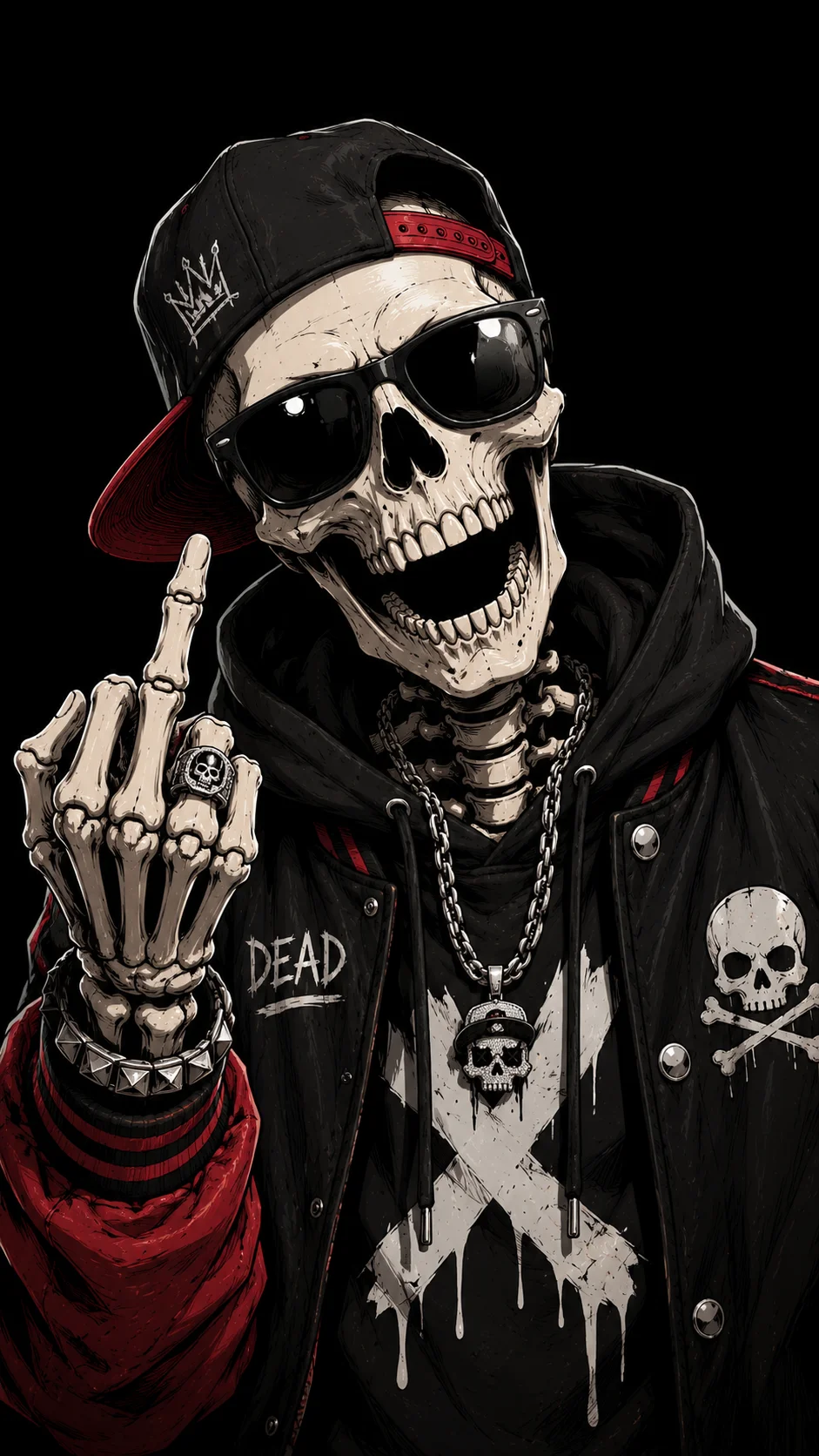 The Defiant Dead skeleton showing middle finger in black streetwear hoodie, aggressive aesthetic.