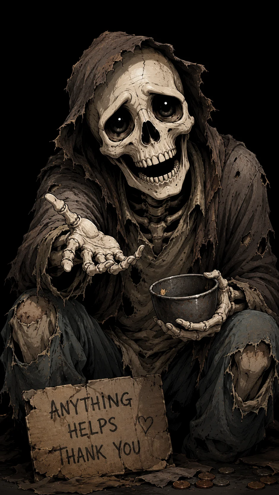 Sad forgotten phantom skeleton beggar in tattered rags, dark emotional aesthetic wallpaper.