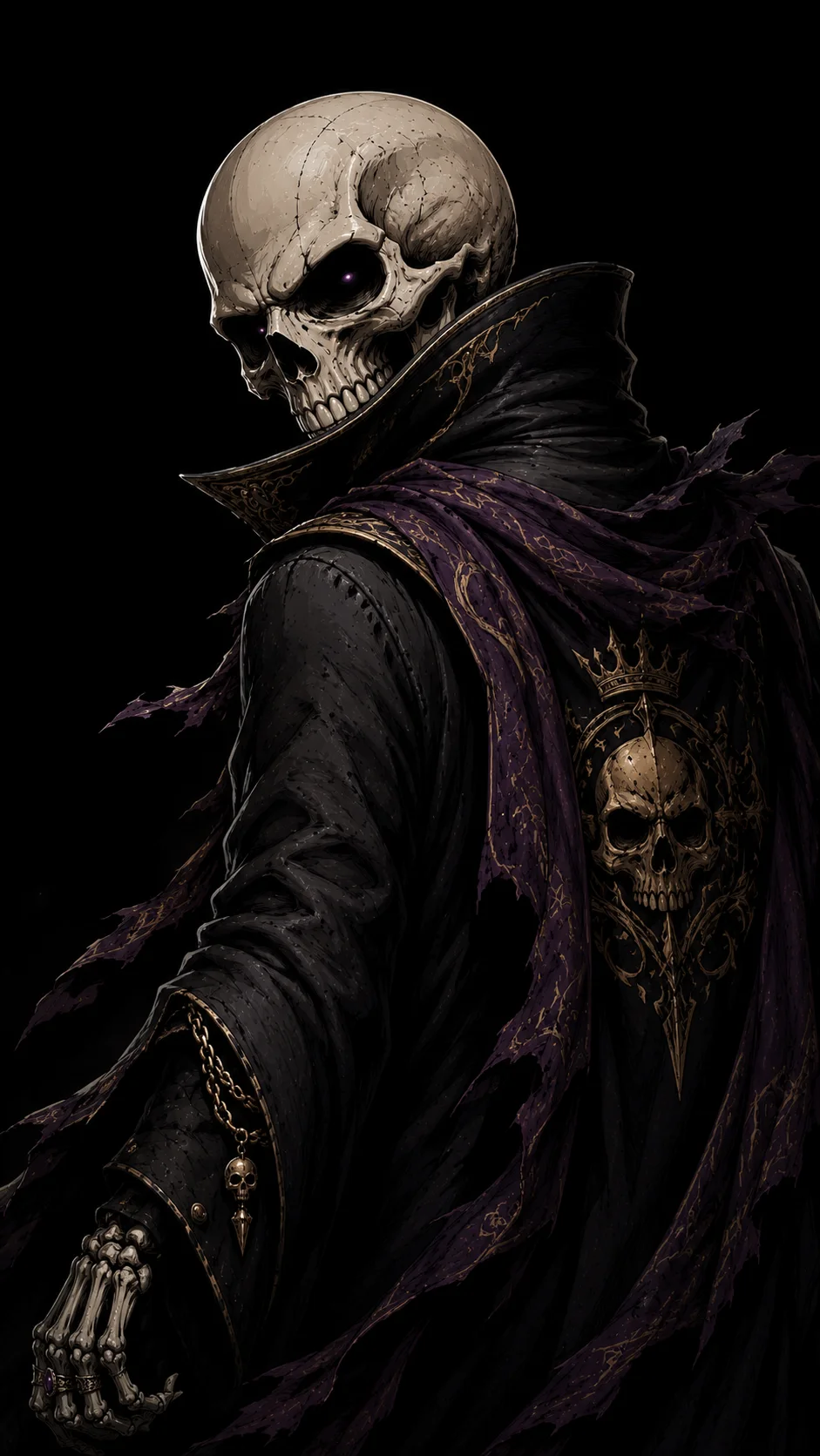Throne of Bones gothic royal skeleton sovereign with purple velvet and gold chains.