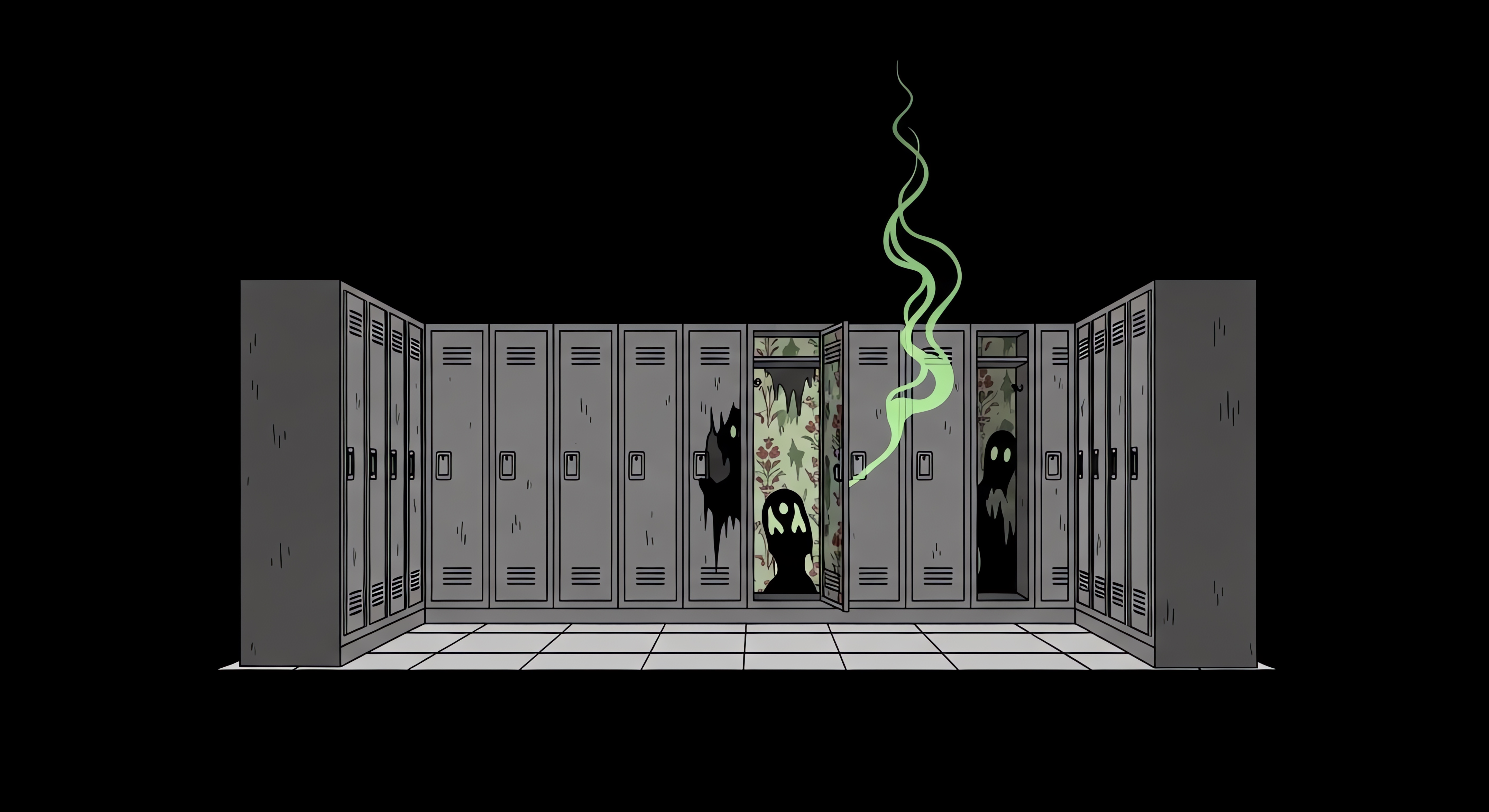 Shadow entities peeking from school lockers
