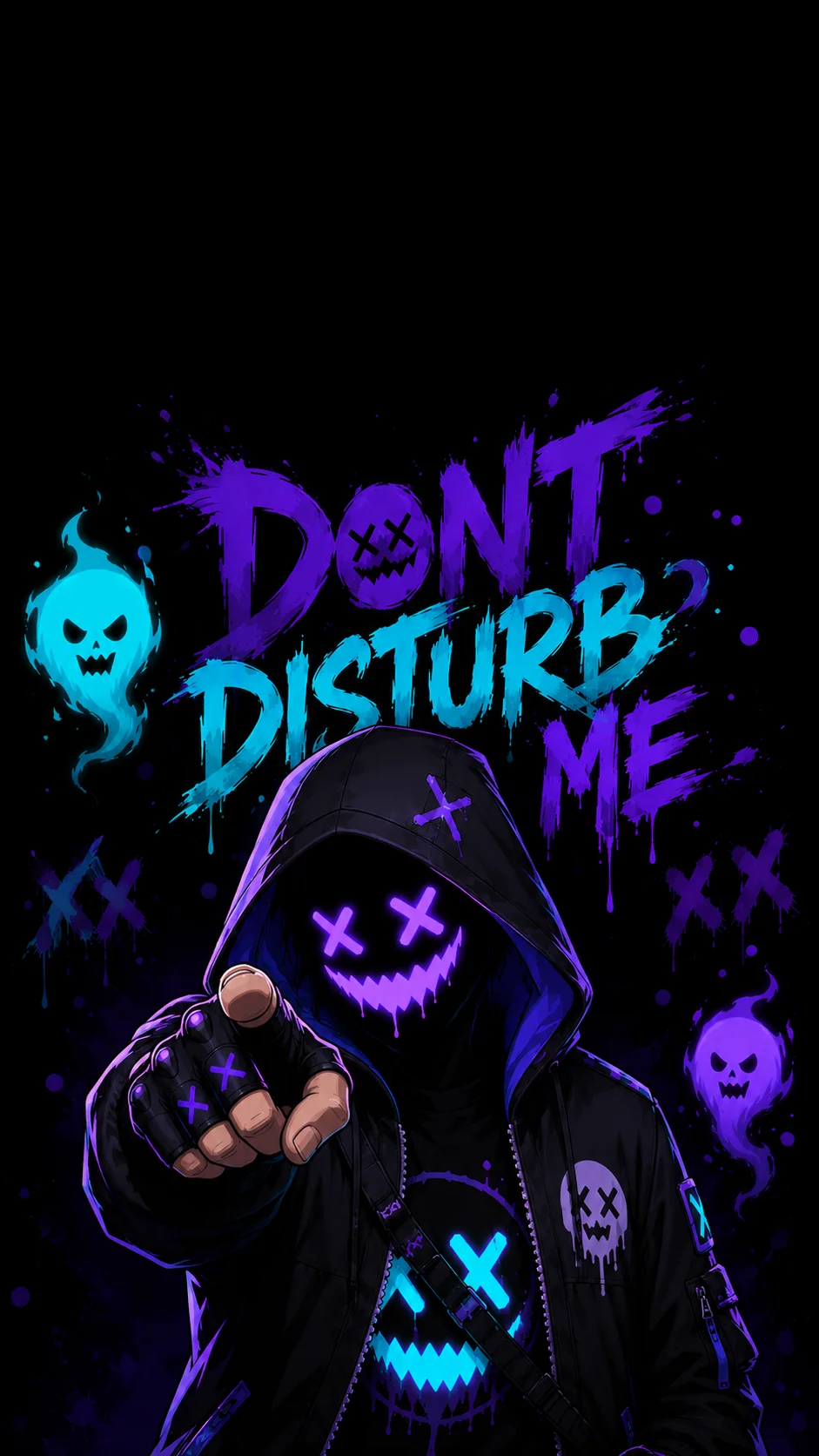 Terminal Paradox 4K cyberpunk neon phantom homescreen wallpaper — OLED mobile background featuring glowing glitch phantom pointing at screen with purple neon haze.