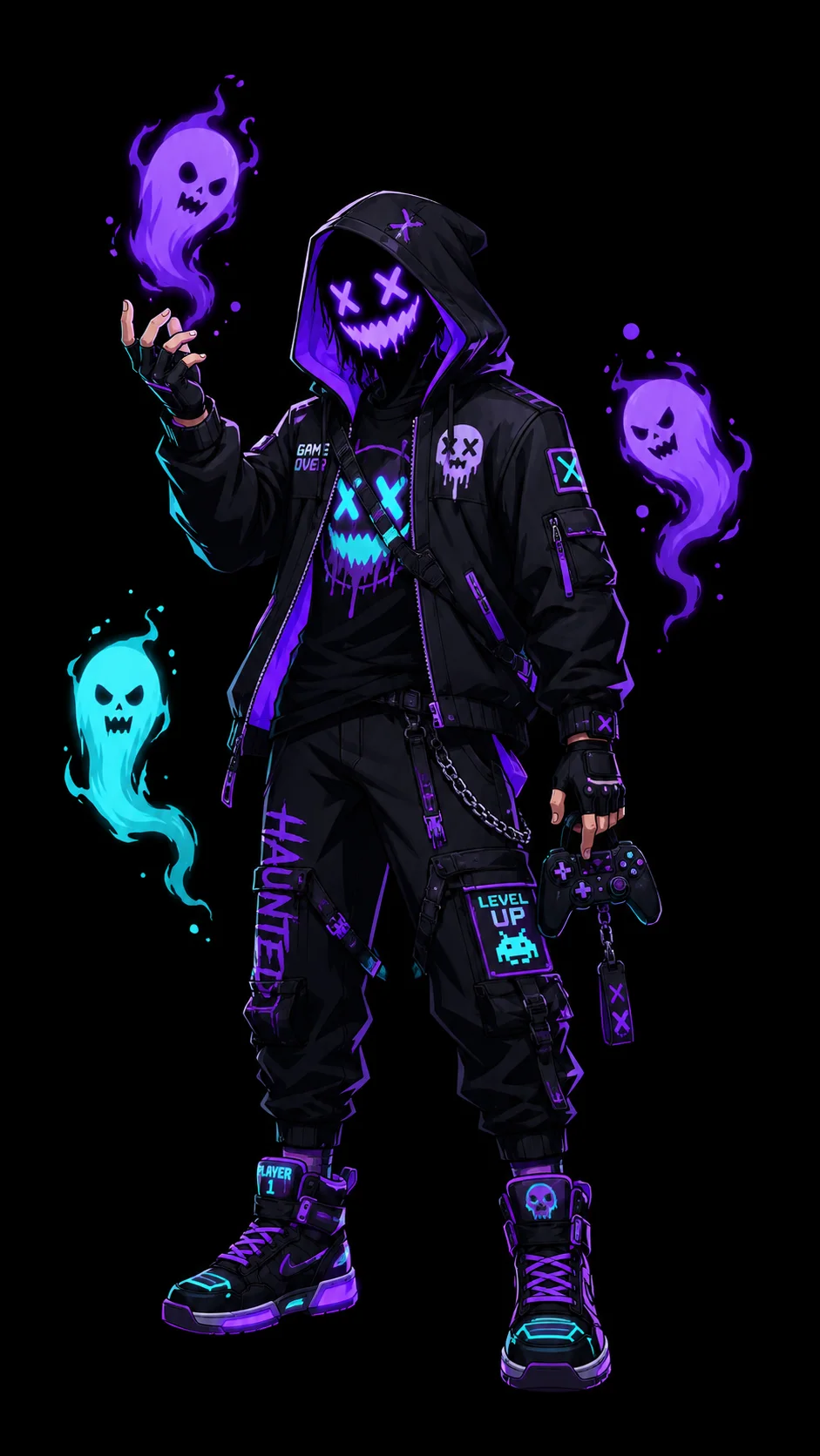 Terminal Paradox full body 4K cyberpunk gaming hero mobile wallpaper — OLED black background with neon purple techwear aesthetic and haunted digital glitch spirits.
