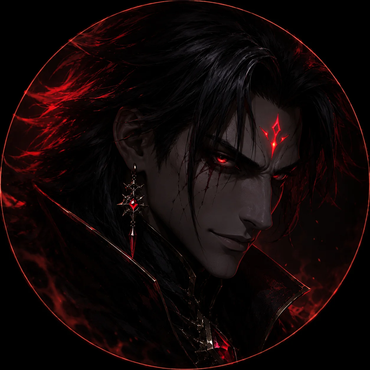 Gothic gaming character with glowing red eyes square profile picture for horror fans