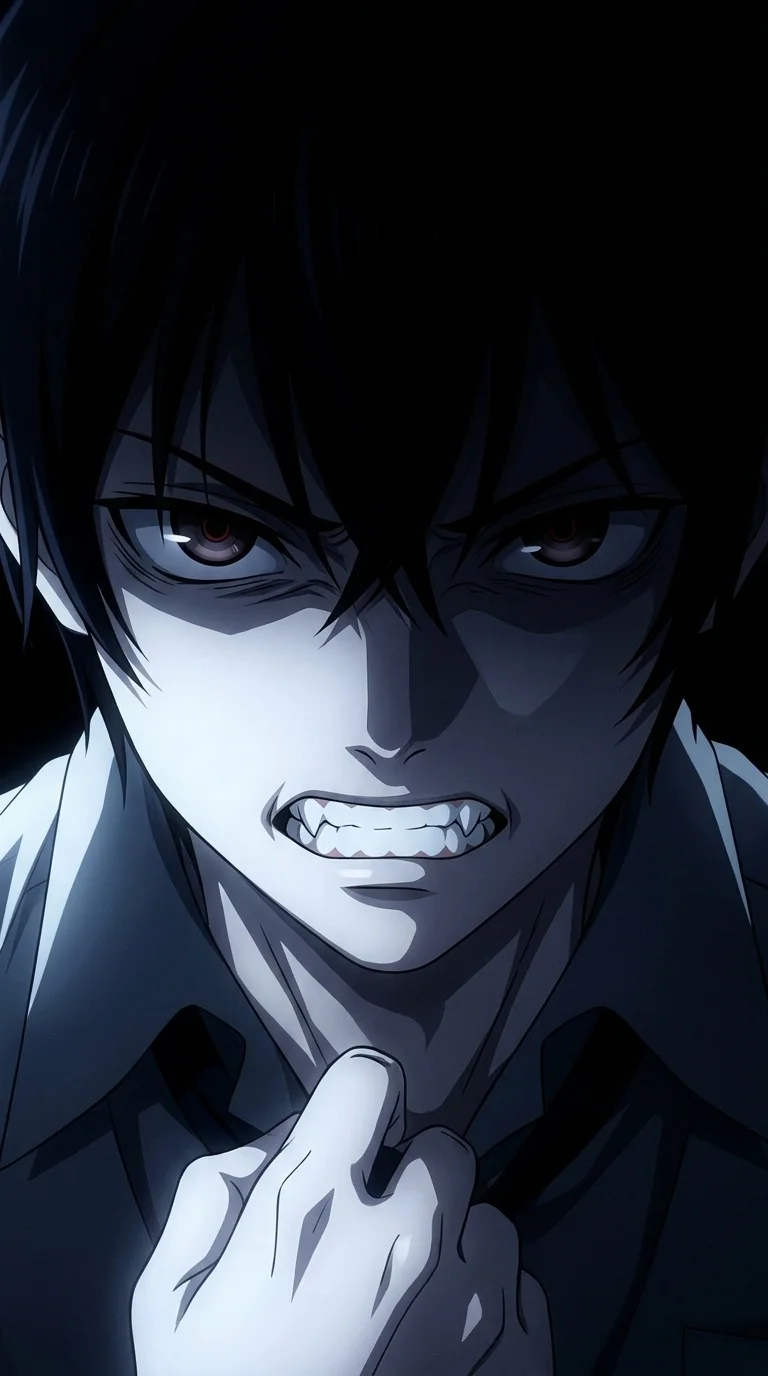 Scary horror anime demon boy with sharp teeth iPhone lock screen wallpaper 4K dark aesthetic