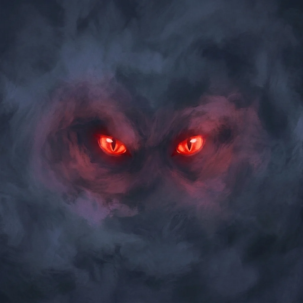 Red glowing eyes monster in dark forest square PFP for horror fans